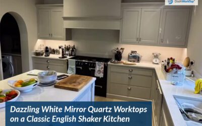 White Mirror Quartz Kitchen Worktops: A Timeless Choice for Classic English Shaker Kitchens.