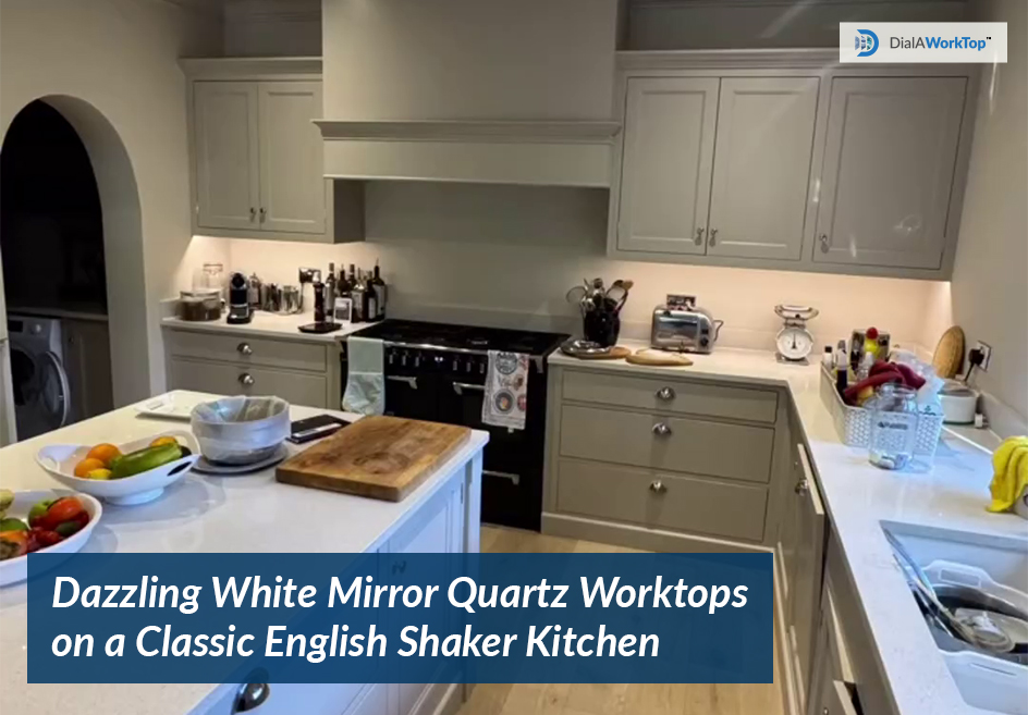 white quartz kitchen worktop with english shaker cabinet