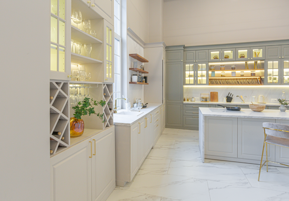 ceramic kitchen worktops with open shelves